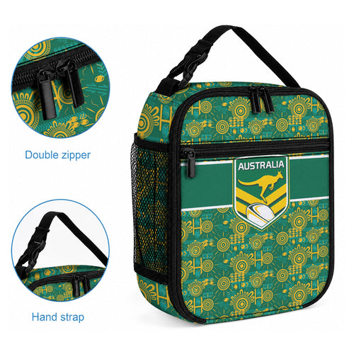 Australia Rugby Kangaroo Lunch Bag Green Gold Aboriginal Dot Geometry