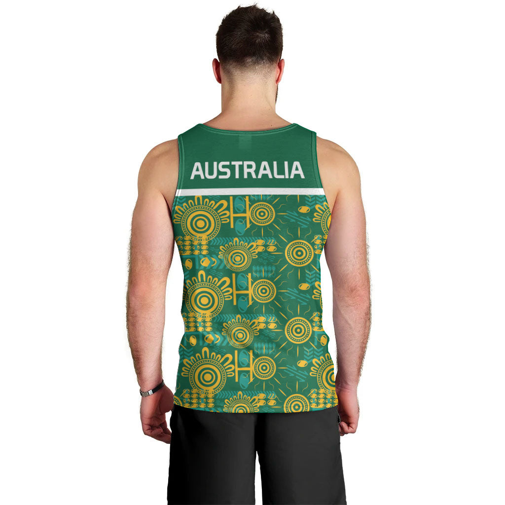 Australia Rugby Kangaroo Men Tank Top Green Gold Aboriginal Dot Geometry