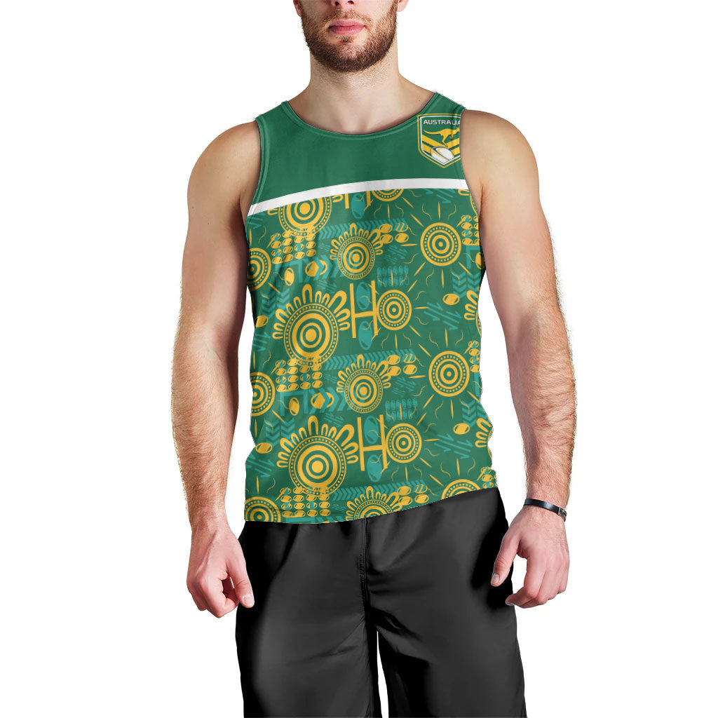 Australia Rugby Kangaroo Men Tank Top Green Gold Aboriginal Dot Geometry