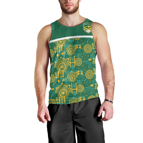Australia Rugby Kangaroo Men Tank Top Green Gold Aboriginal Dot Geometry