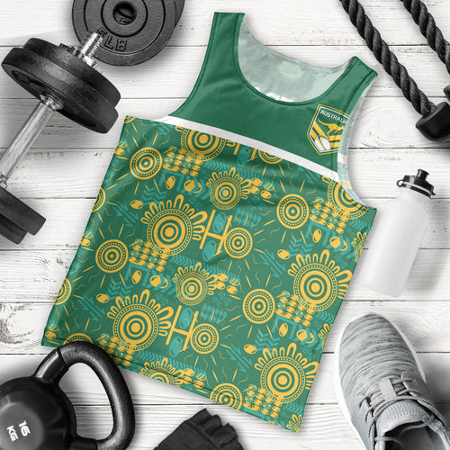 Australia Rugby Kangaroo Men Tank Top Green Gold Aboriginal Dot Geometry