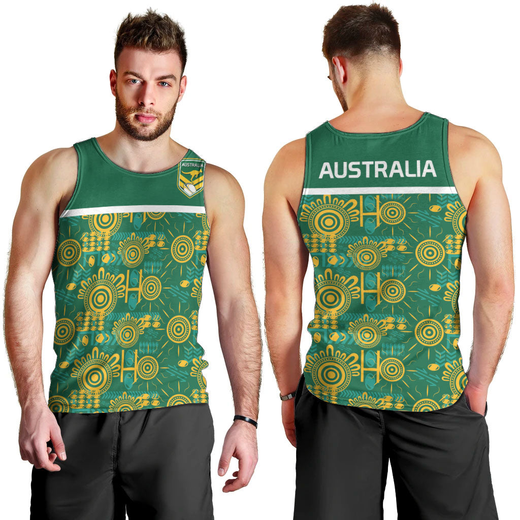 Australia Rugby Kangaroo Men Tank Top Green Gold Aboriginal Dot Geometry