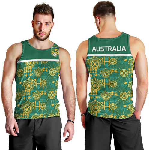 Australia Rugby Kangaroo Men Tank Top Green Gold Aboriginal Dot Geometry
