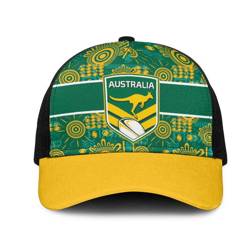 Australia Rugby Kangaroo Mesh Trucker Cap Green Gold Aboriginal Dot Geometry