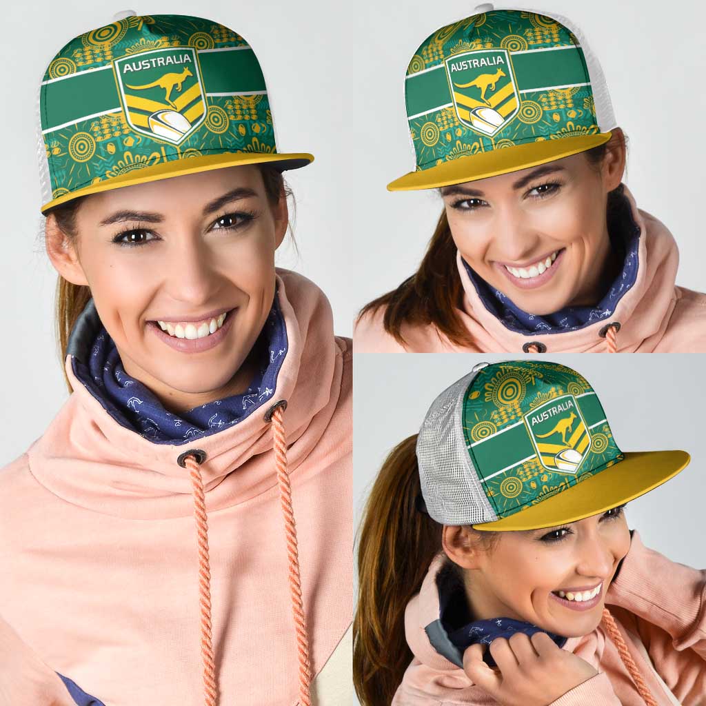 Australia Rugby Kangaroo Mesh Trucker Cap Green Gold Aboriginal Dot Geometry