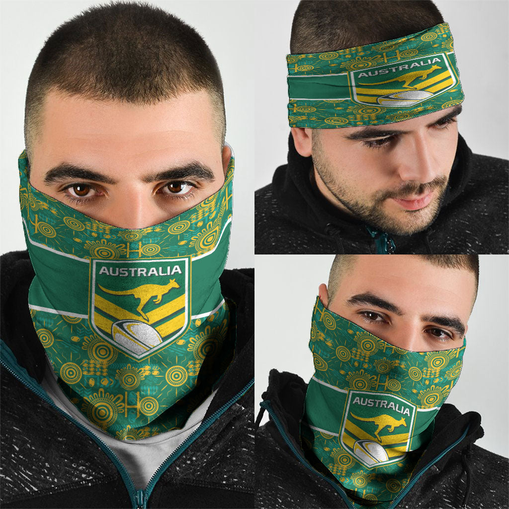 Australia Rugby Kangaroo Neck Gaiter Green Gold Aboriginal Dot Geometry