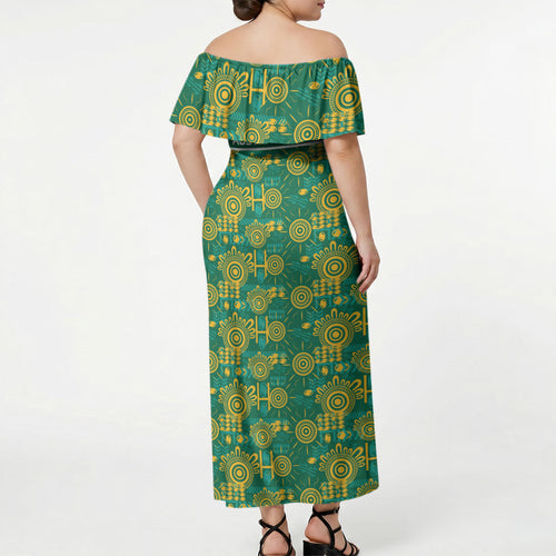 Australia Rugby Kangaroo Off Shoulder Maxi Dress Green Gold Aboriginal Dot Geometry
