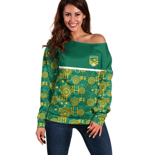 Australia Rugby Kangaroo Off Shoulder Sweater Green Gold Aboriginal Dot Geometry