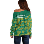 Australia Rugby Kangaroo Off Shoulder Sweater Green Gold Aboriginal Dot Geometry