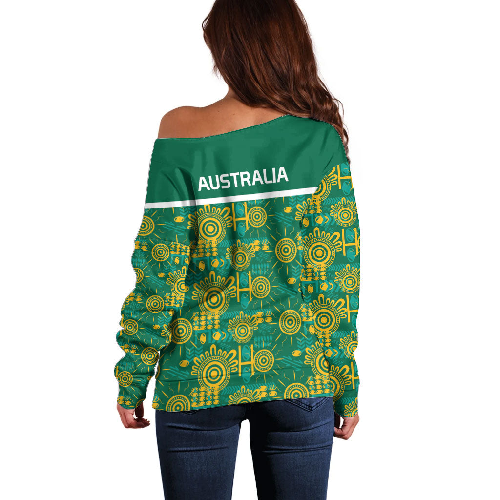 Australia Rugby Kangaroo Off Shoulder Sweater Green Gold Aboriginal Dot Geometry