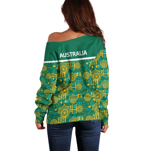Australia Rugby Kangaroo Off Shoulder Sweater Green Gold Aboriginal Dot Geometry