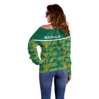 Australia Rugby Kangaroo Off Shoulder Sweater Green Gold Aboriginal Dot Geometry