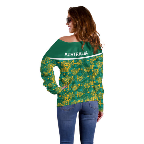 Australia Rugby Kangaroo Off Shoulder Sweater Green Gold Aboriginal Dot Geometry