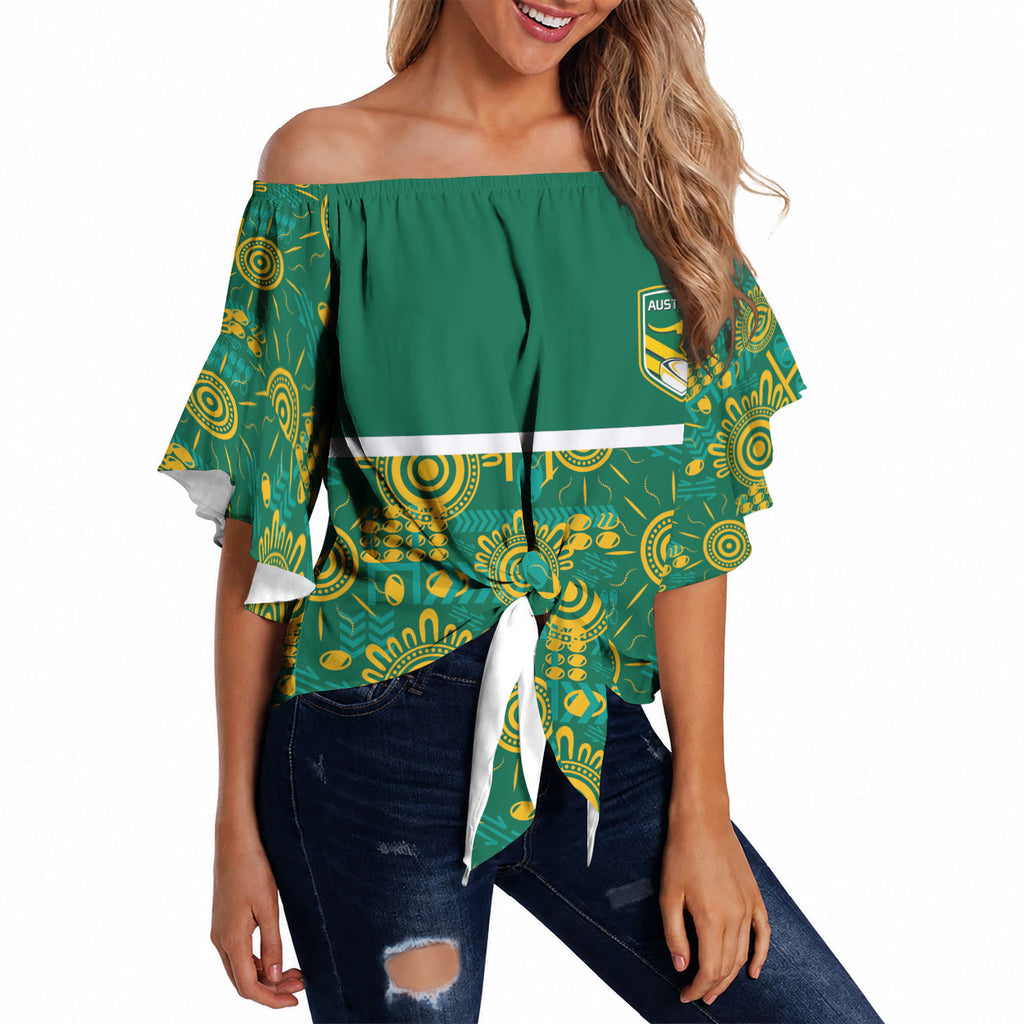 Australia Rugby Kangaroo Off Shoulder Wrap Waist Top Green Gold Aboriginal Dot Geometry