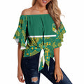 Australia Rugby Kangaroo Off Shoulder Wrap Waist Top Green Gold Aboriginal Dot Geometry