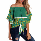 Australia Rugby Kangaroo Off Shoulder Wrap Waist Top Green Gold Aboriginal Dot Geometry