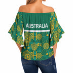 Australia Rugby Kangaroo Off Shoulder Wrap Waist Top Green Gold Aboriginal Dot Geometry