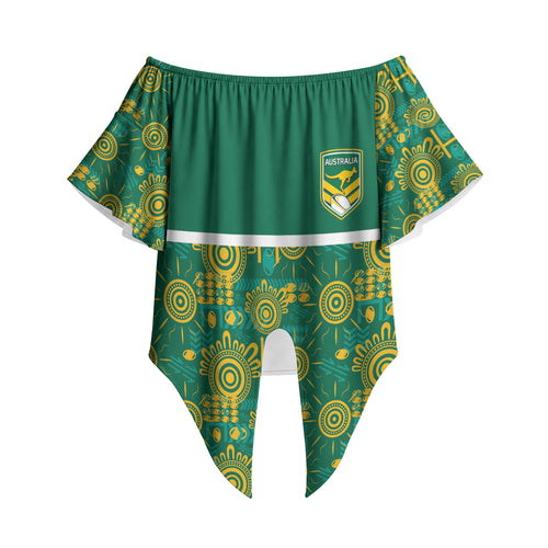 Australia Rugby Kangaroo Off Shoulder Wrap Waist Top Green Gold Aboriginal Dot Geometry