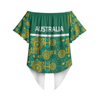 Australia Rugby Kangaroo Off Shoulder Wrap Waist Top Green Gold Aboriginal Dot Geometry