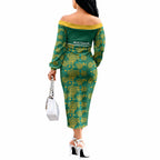 Australia Rugby Kangaroo Off The Shoulder Long Sleeve Dress Green Gold Aboriginal Dot Geometry