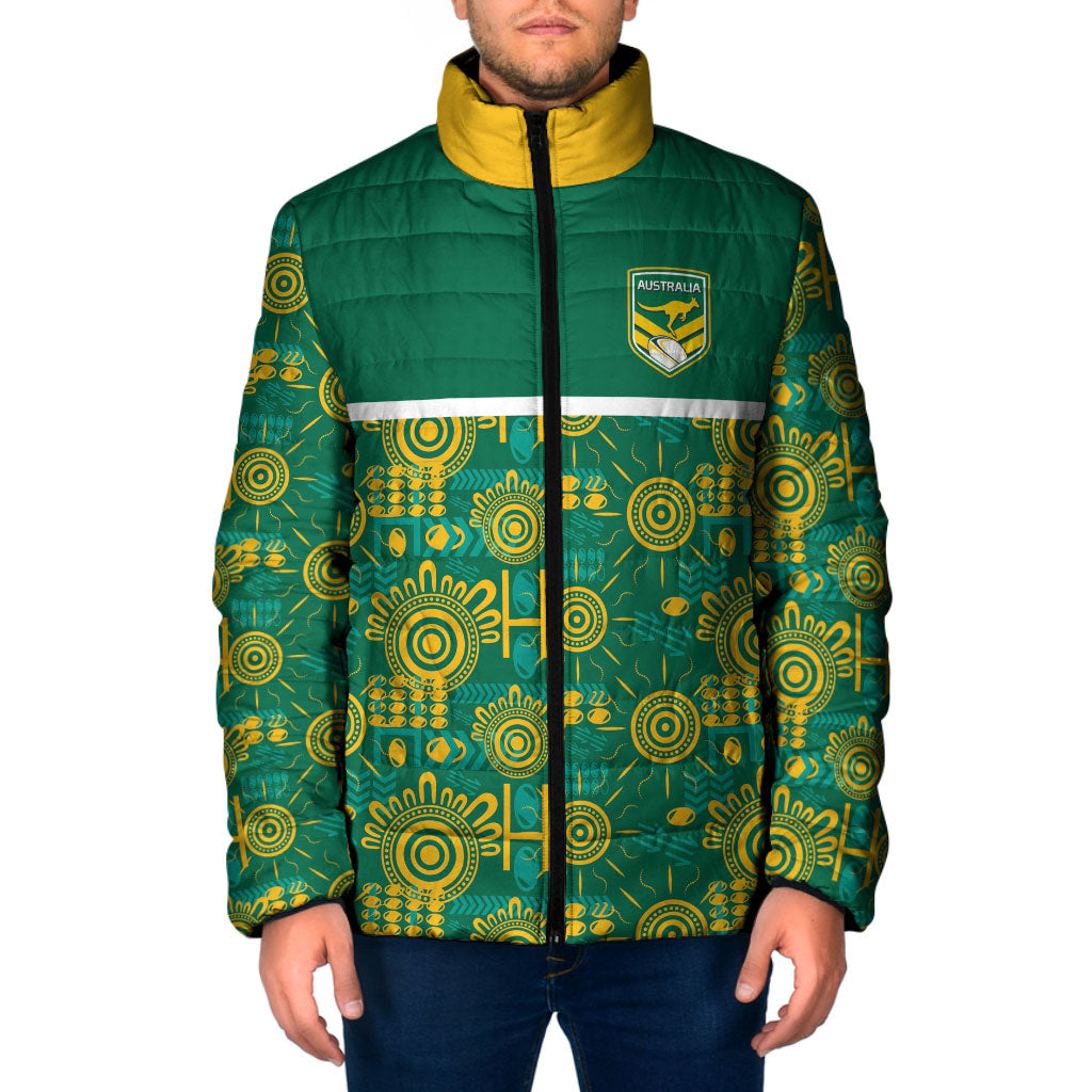 Australia Rugby Kangaroo Padded Jacket Green Gold Aboriginal Dot Geometry