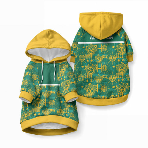Australia Rugby Kangaroo Pet Hoodie Green Gold Aboriginal Dot Geometry