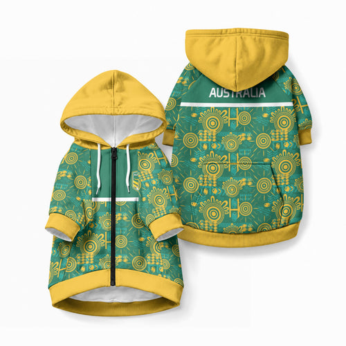 Australia Rugby Kangaroo Pet Hoodie Green Gold Aboriginal Dot Geometry