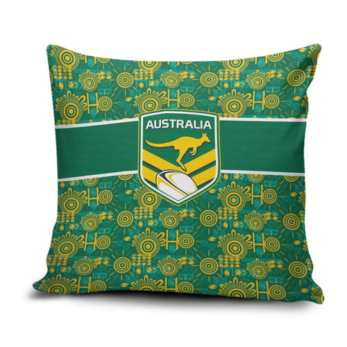 Australia Rugby Kangaroo Pillow Cover Green Gold Aboriginal Dot Geometry