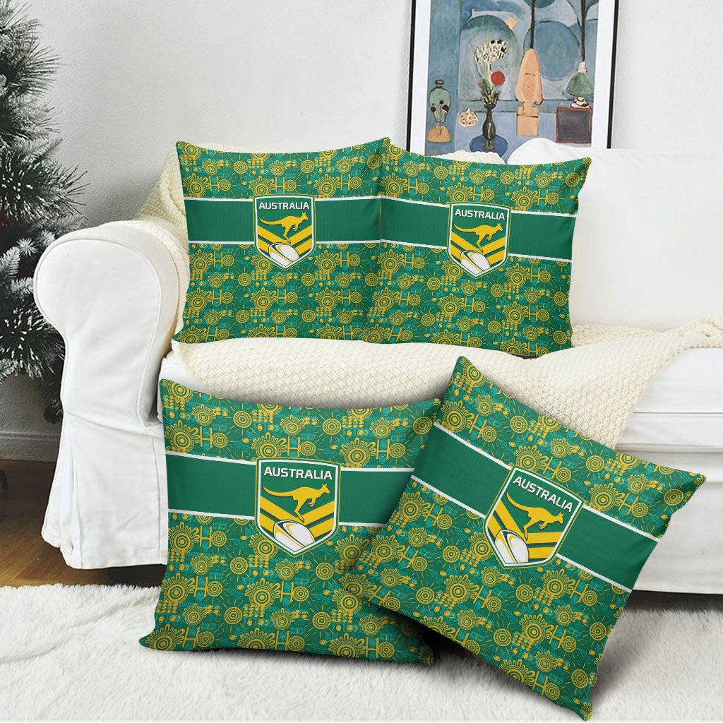 Australia Rugby Kangaroo Pillow Cover Green Gold Aboriginal Dot Geometry