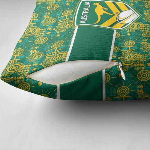 Australia Rugby Kangaroo Pillow Cover Green Gold Aboriginal Dot Geometry