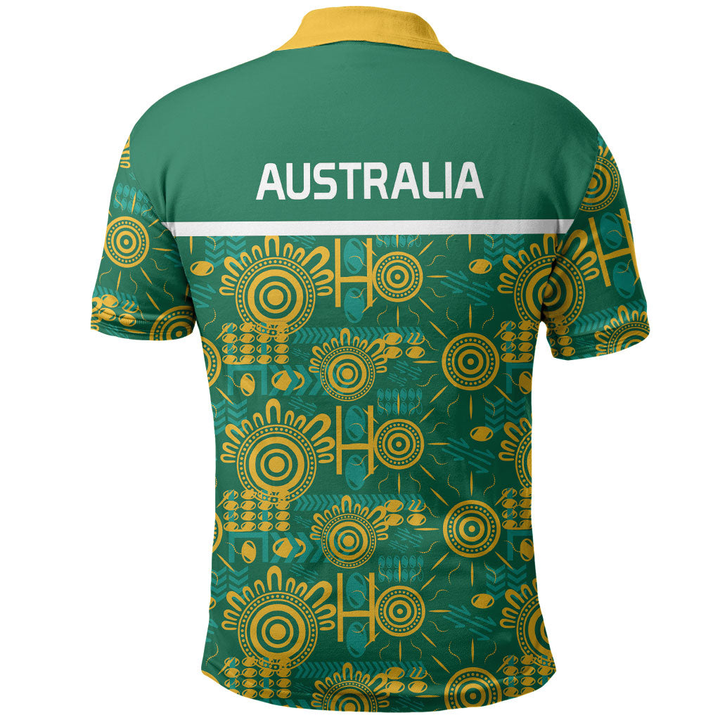Australia Rugby Kangaroo Polo Shirt Green Gold Aboriginal Dot Geometry