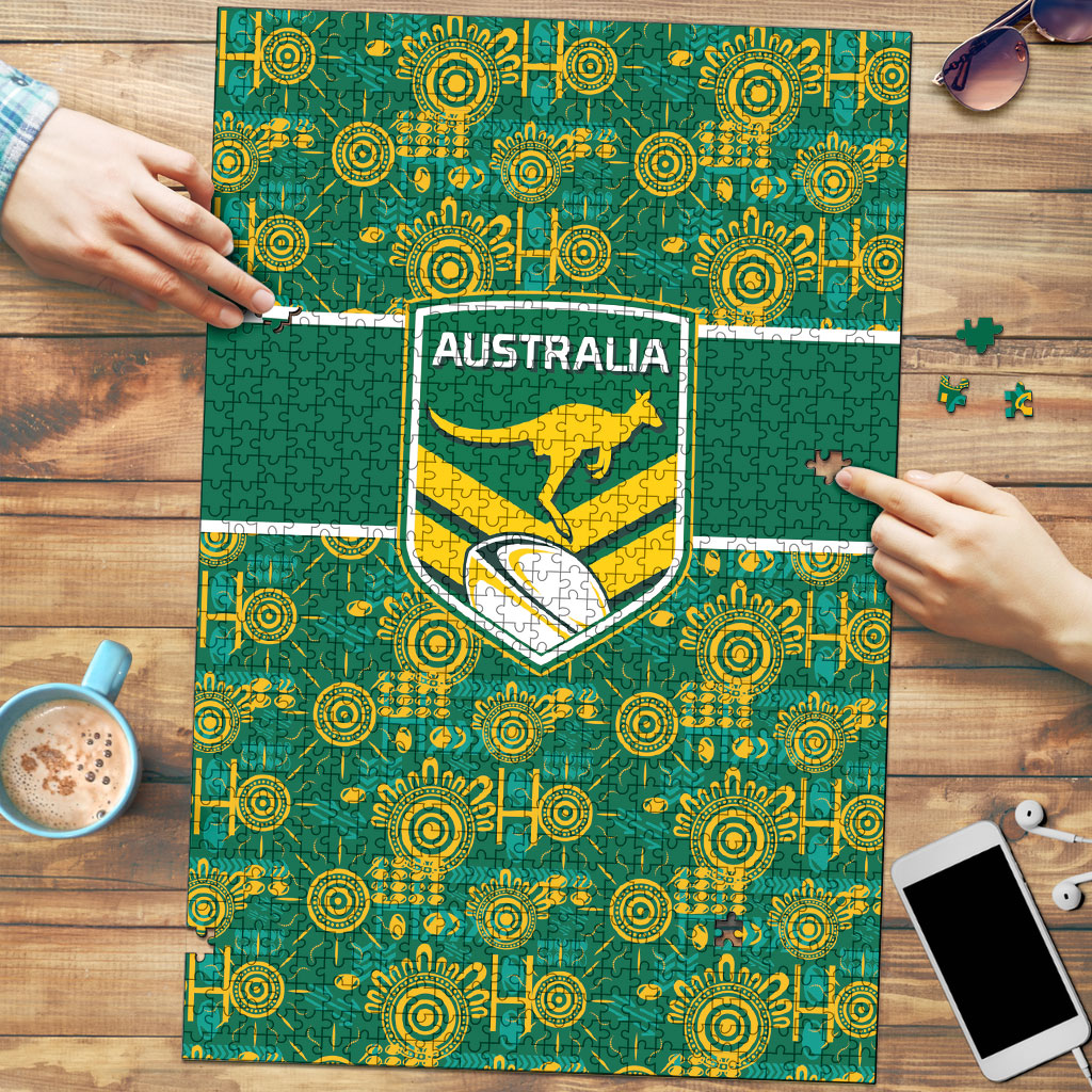 Australia Rugby Kangaroo Puzzle Green Gold Aboriginal Dot Geometry