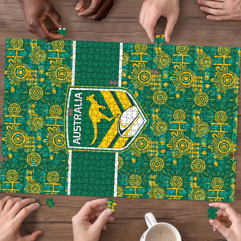 Australia Rugby Kangaroo Puzzle Green Gold Aboriginal Dot Geometry