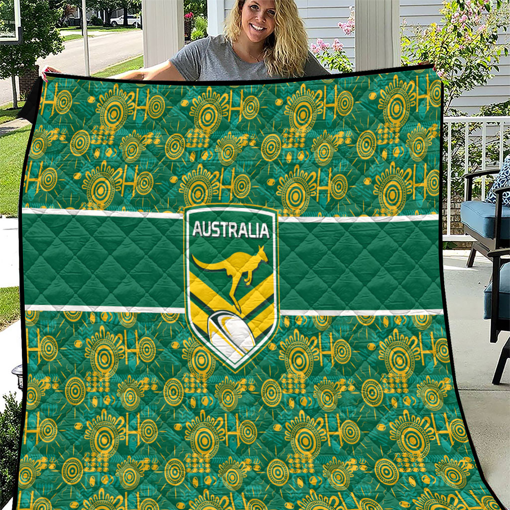 Australia Rugby Kangaroo Quilt Green Gold Aboriginal Dot Geometry