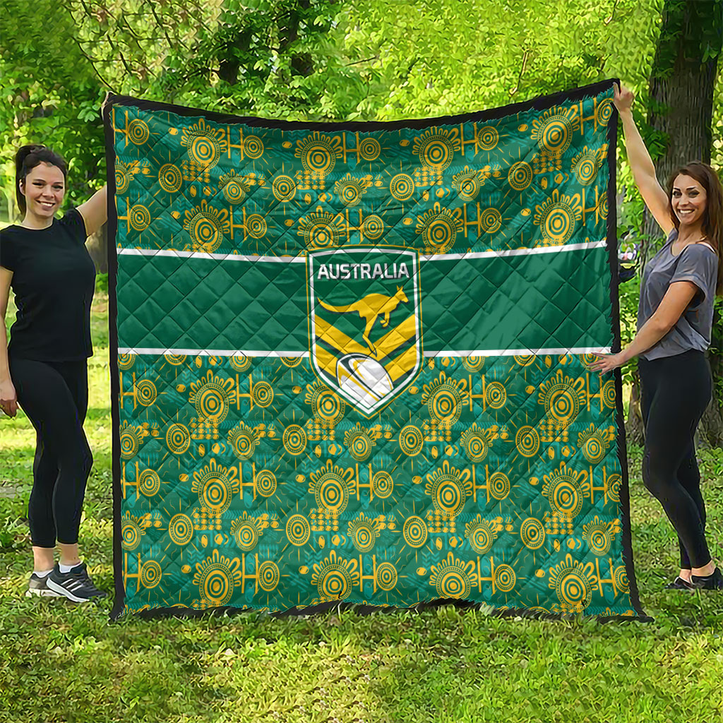 Australia Rugby Kangaroo Quilt Green Gold Aboriginal Dot Geometry
