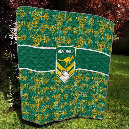 Australia Rugby Kangaroo Quilt Green Gold Aboriginal Dot Geometry