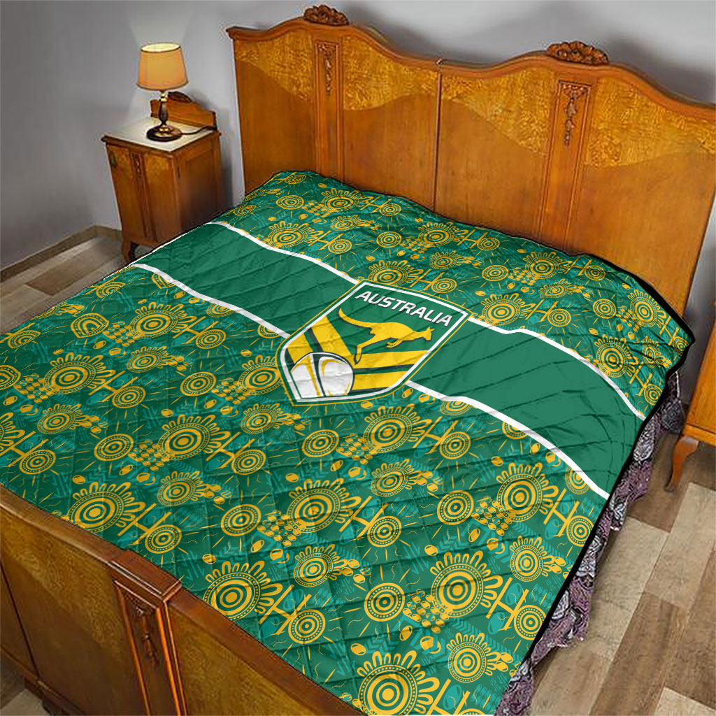 Australia Rugby Kangaroo Quilt Green Gold Aboriginal Dot Geometry