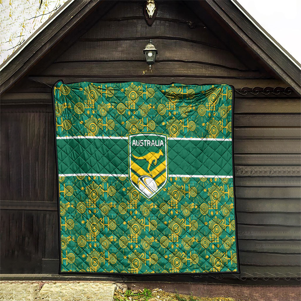 Australia Rugby Kangaroo Quilt Green Gold Aboriginal Dot Geometry