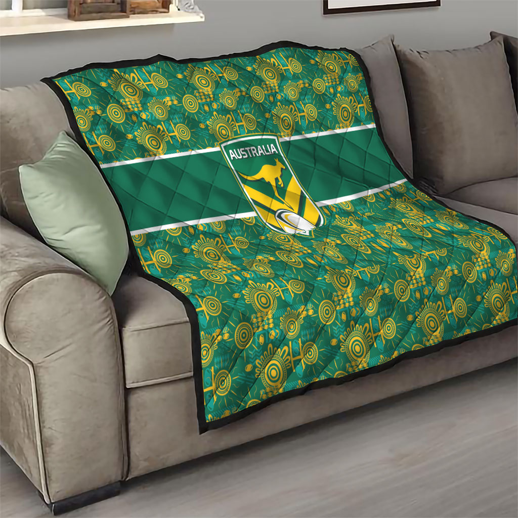 Australia Rugby Kangaroo Quilt Green Gold Aboriginal Dot Geometry