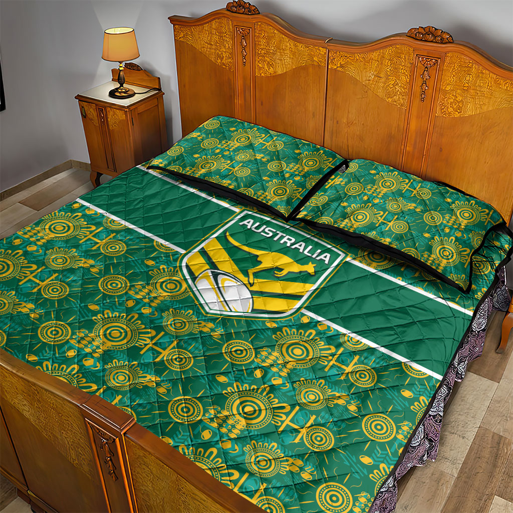 Australia Rugby Kangaroo Quilt Bed Set Green Gold Aboriginal Dot Geometry