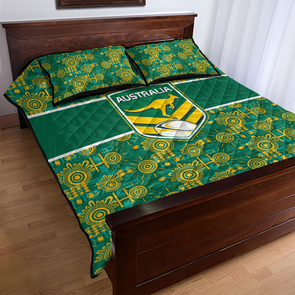 Australia Rugby Kangaroo Quilt Bed Set Green Gold Aboriginal Dot Geometry