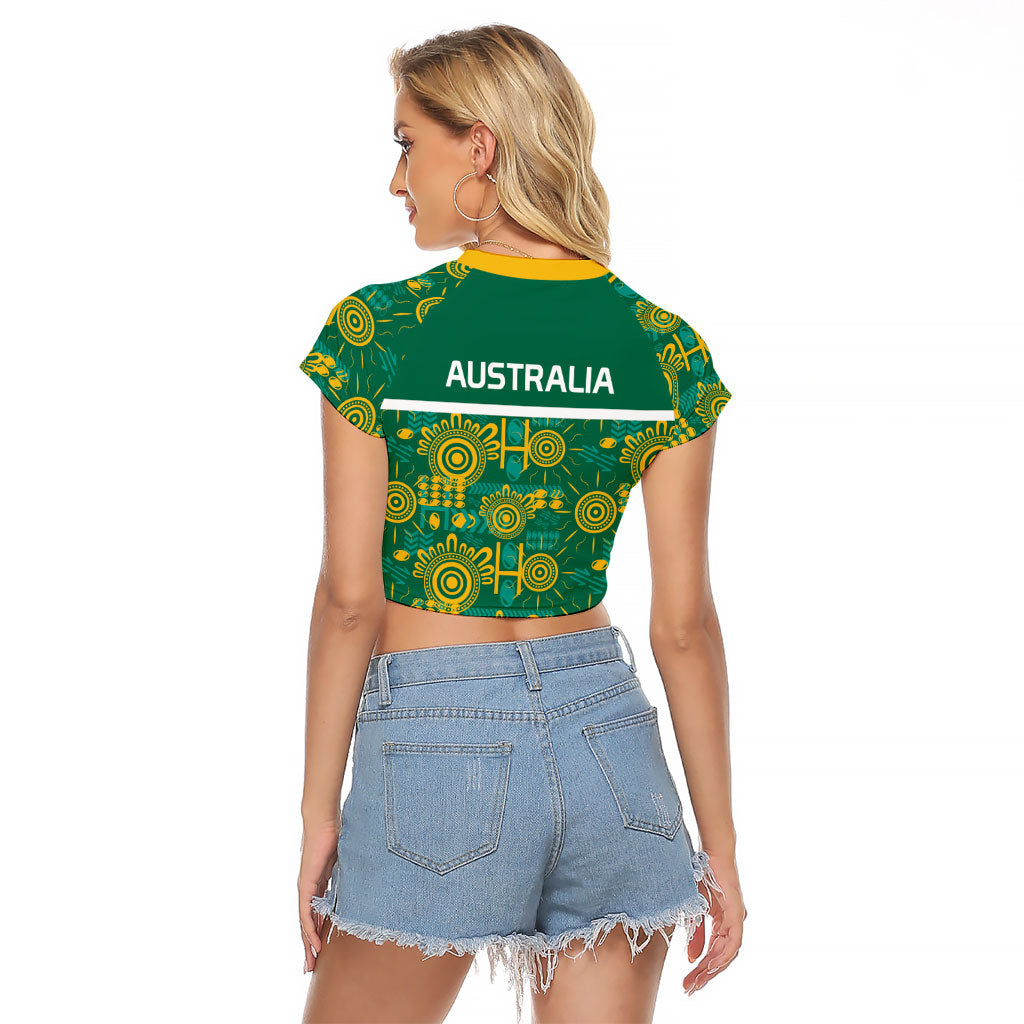 Australia Rugby Kangaroo Raglan Cropped T Shirt Green Gold Aboriginal Dot Geometry