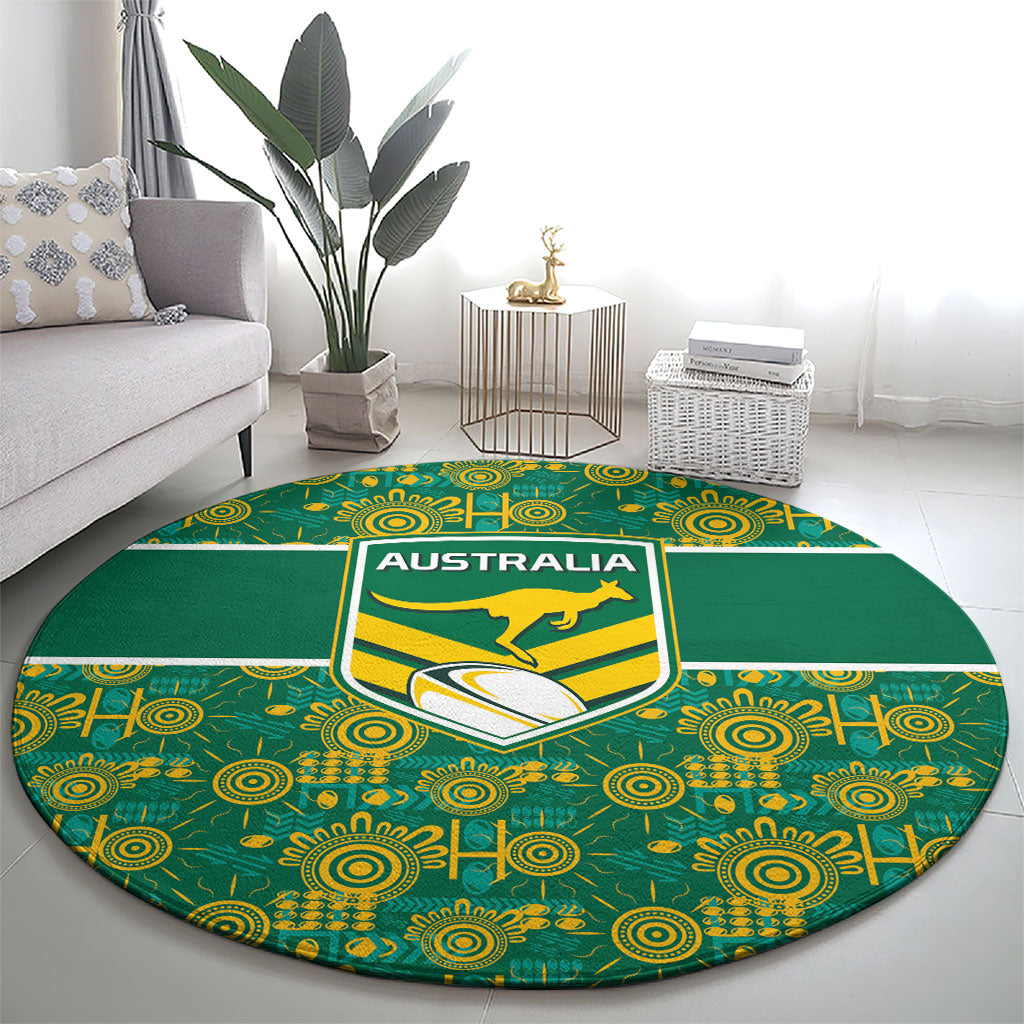 Australia Rugby Kangaroo Round Carpet Green Gold Aboriginal Dot Geometry