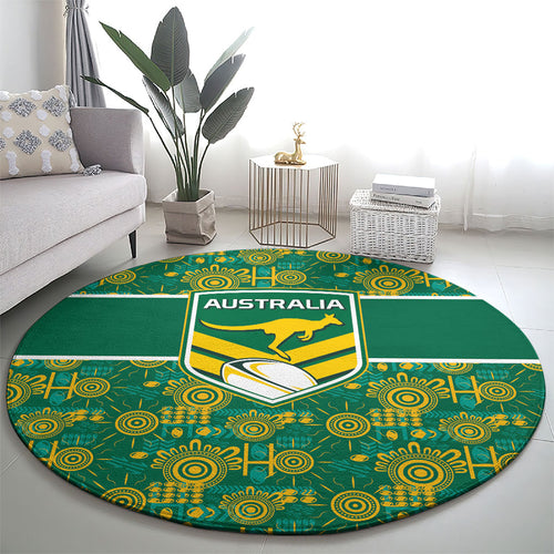 Australia Rugby Kangaroo Round Carpet Green Gold Aboriginal Dot Geometry