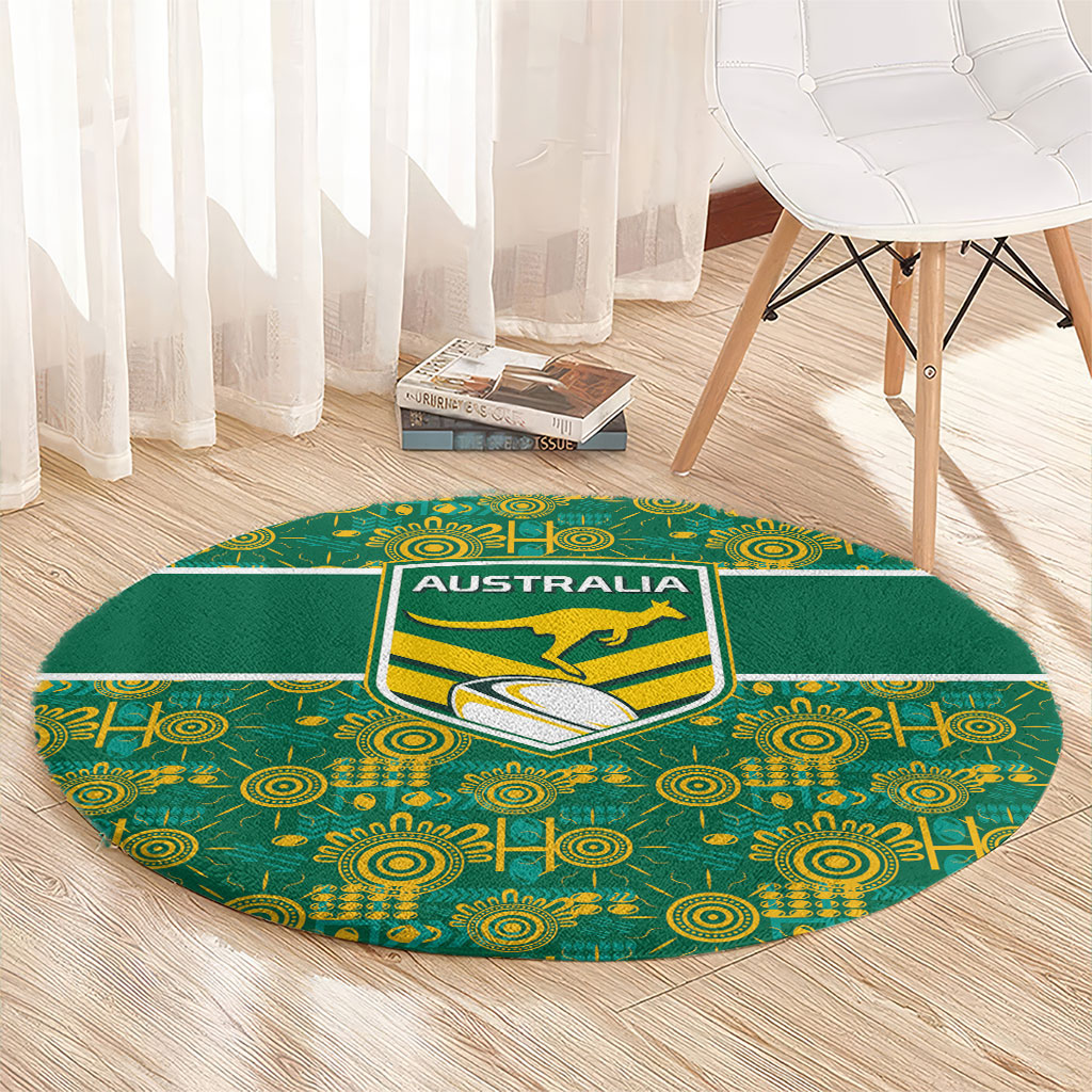Australia Rugby Kangaroo Round Carpet Green Gold Aboriginal Dot Geometry