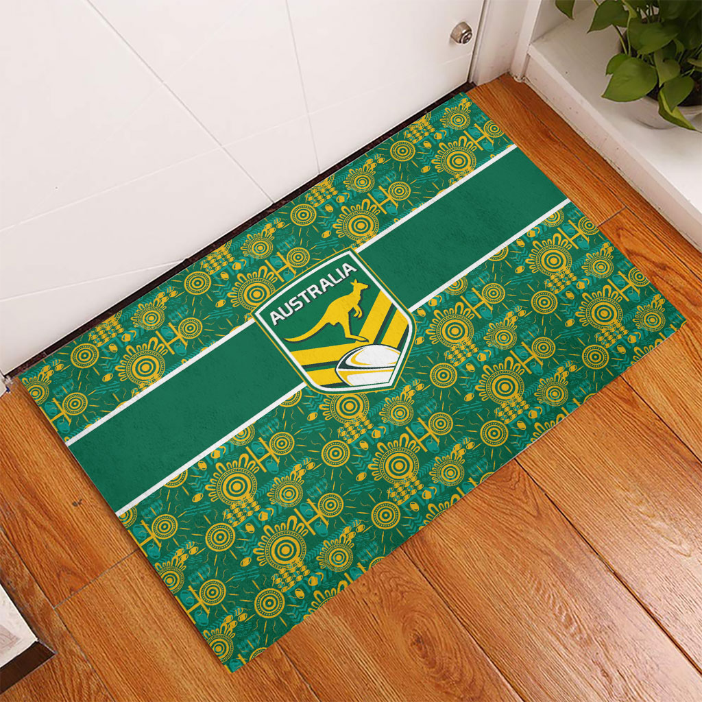 Australia Rugby Kangaroo Rubber Doormat Green Gold Aboriginal Dot Geometry