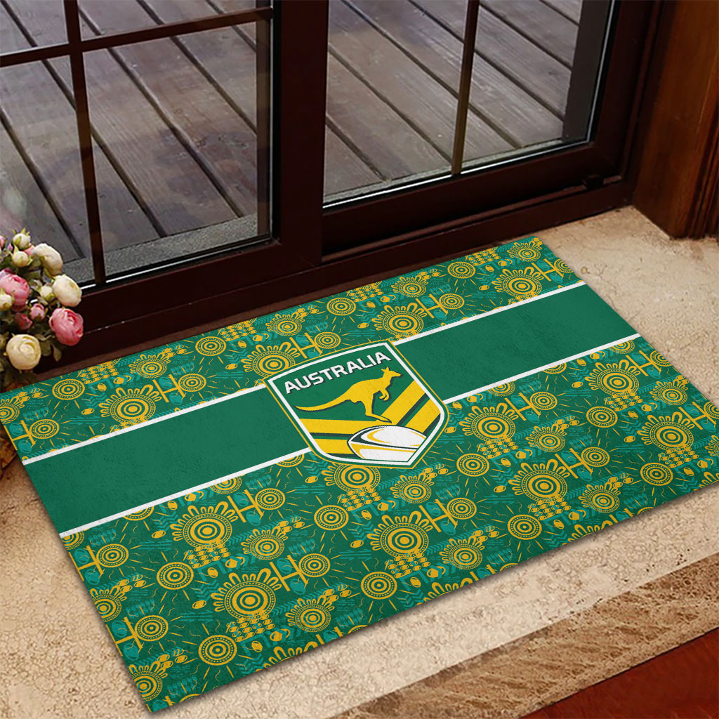 Australia Rugby Kangaroo Rubber Doormat Green Gold Aboriginal Dot Geometry