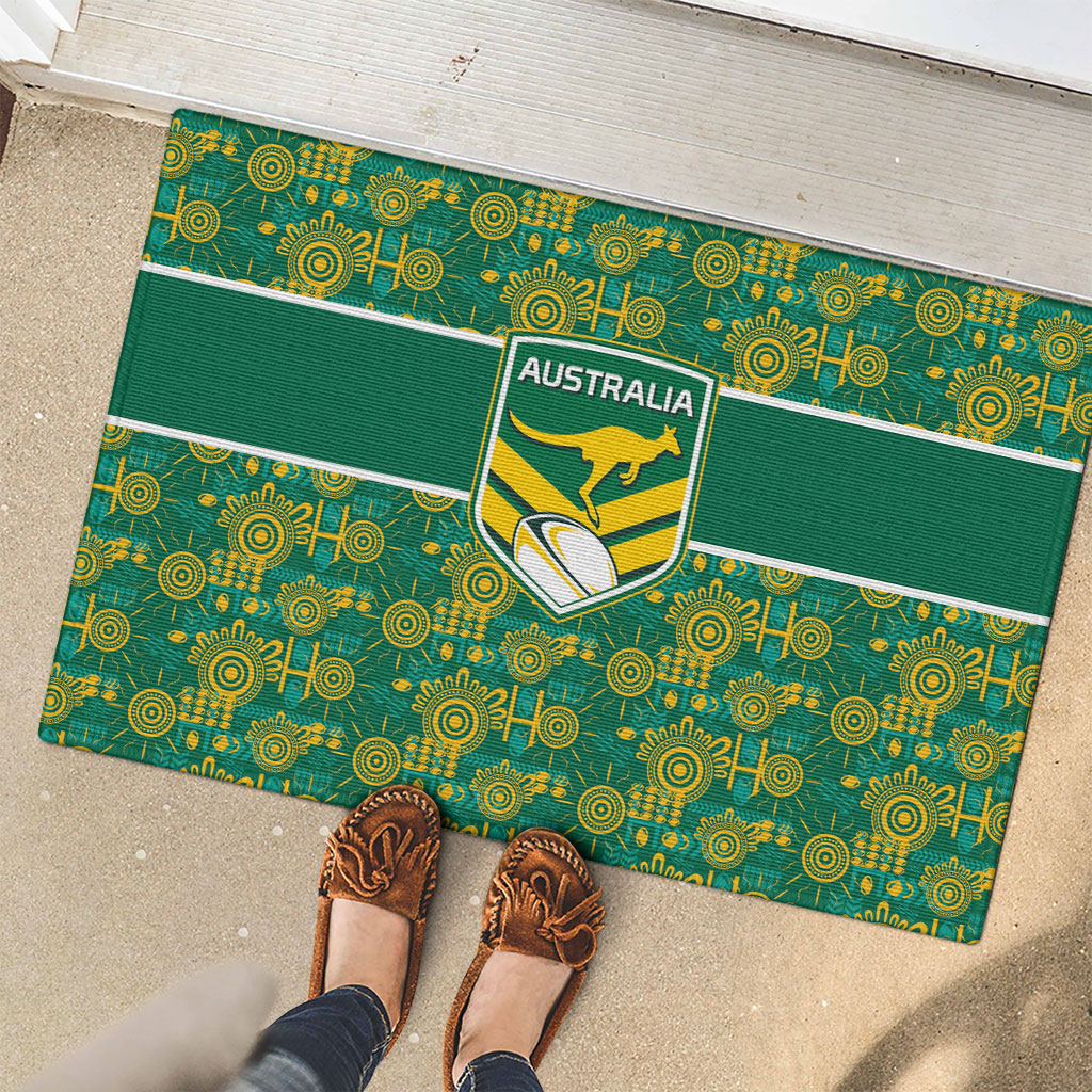 Australia Rugby Kangaroo Rubber Doormat Green Gold Aboriginal Dot Geometry