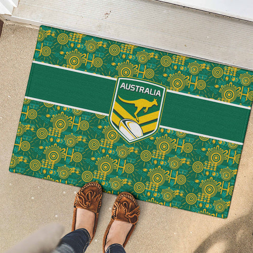 Australia Rugby Kangaroo Rubber Doormat Green Gold Aboriginal Dot Geometry