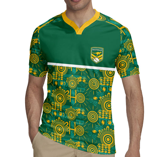 Australia Rugby Kangaroo Rugby Jersey Green Gold Aboriginal Dot Geometry